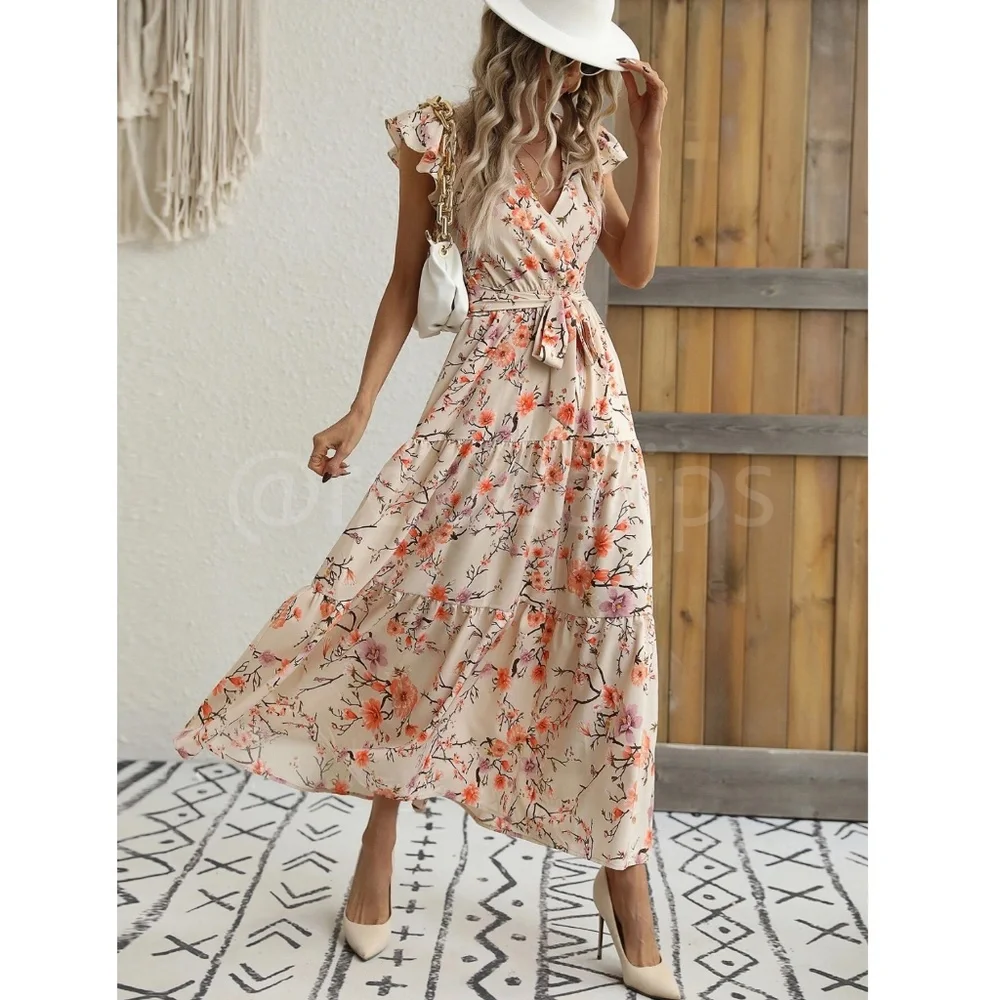Floral Dress Surplice Overlapping V Neck Fit & Flare Maxi Long  Beige Tie Belt - Picture 2 of 9